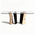 Glass top dining table with black wood and natural wood legs 60 x 30 x 30 inches