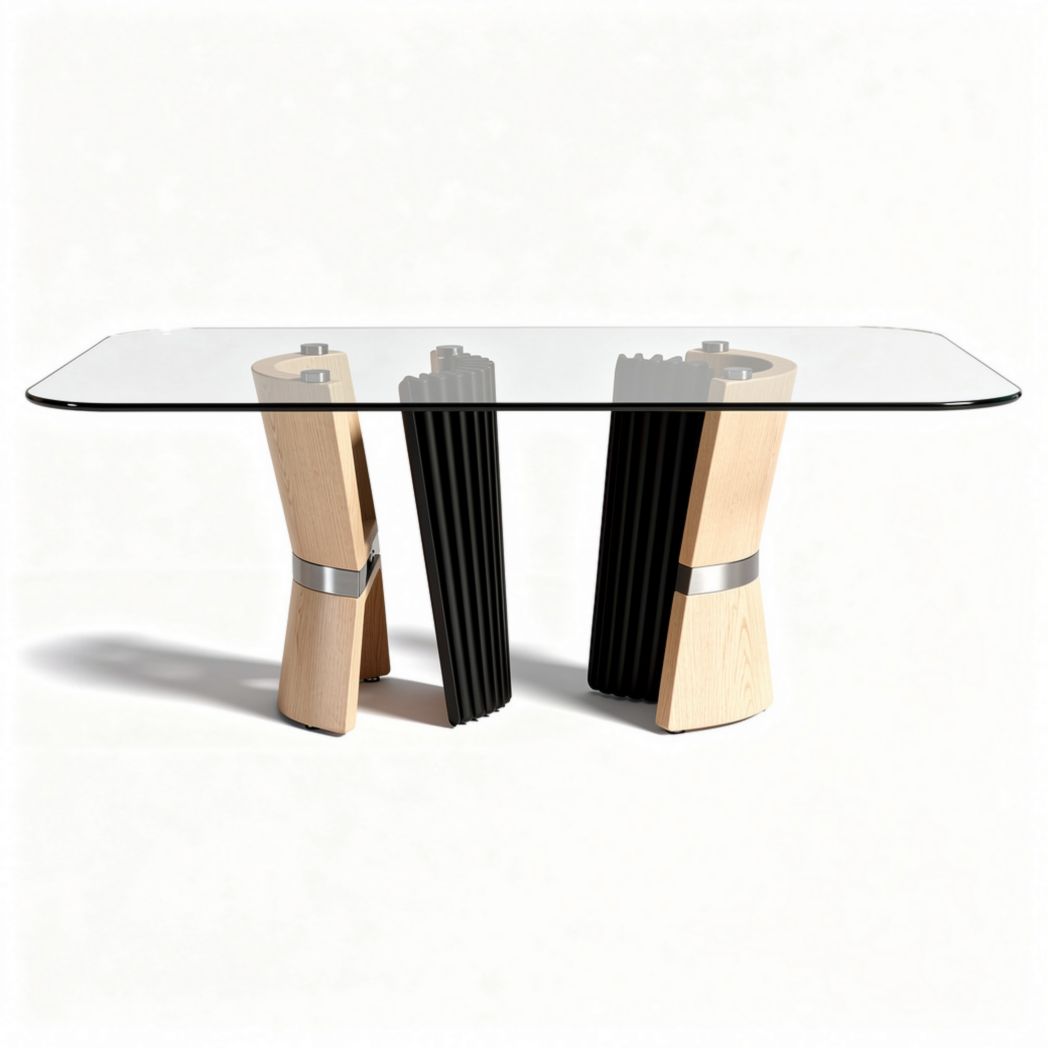 Glass top dining table with black wood and natural wood legs 60 x 30 x 30 inches