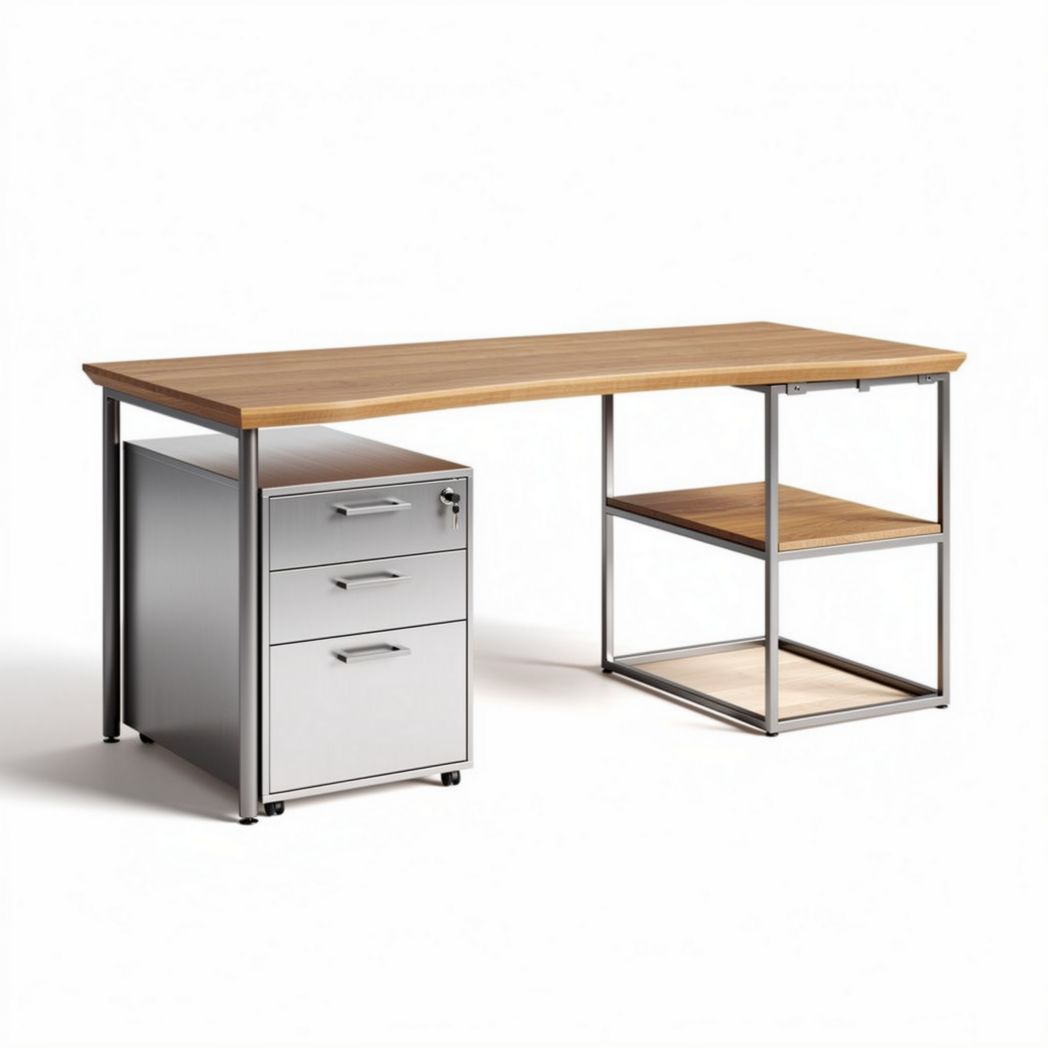 Metal frame desk with wooden top and storage drawers 150 x 75 x 75cm