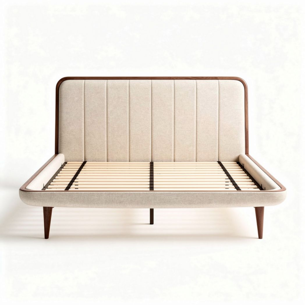 Upholstered bed frame with wooden legs and slatted base 200 x 160 x 100cm