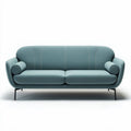 Two-seater sofa in light blue fabric with rounded armrests and minimalist design