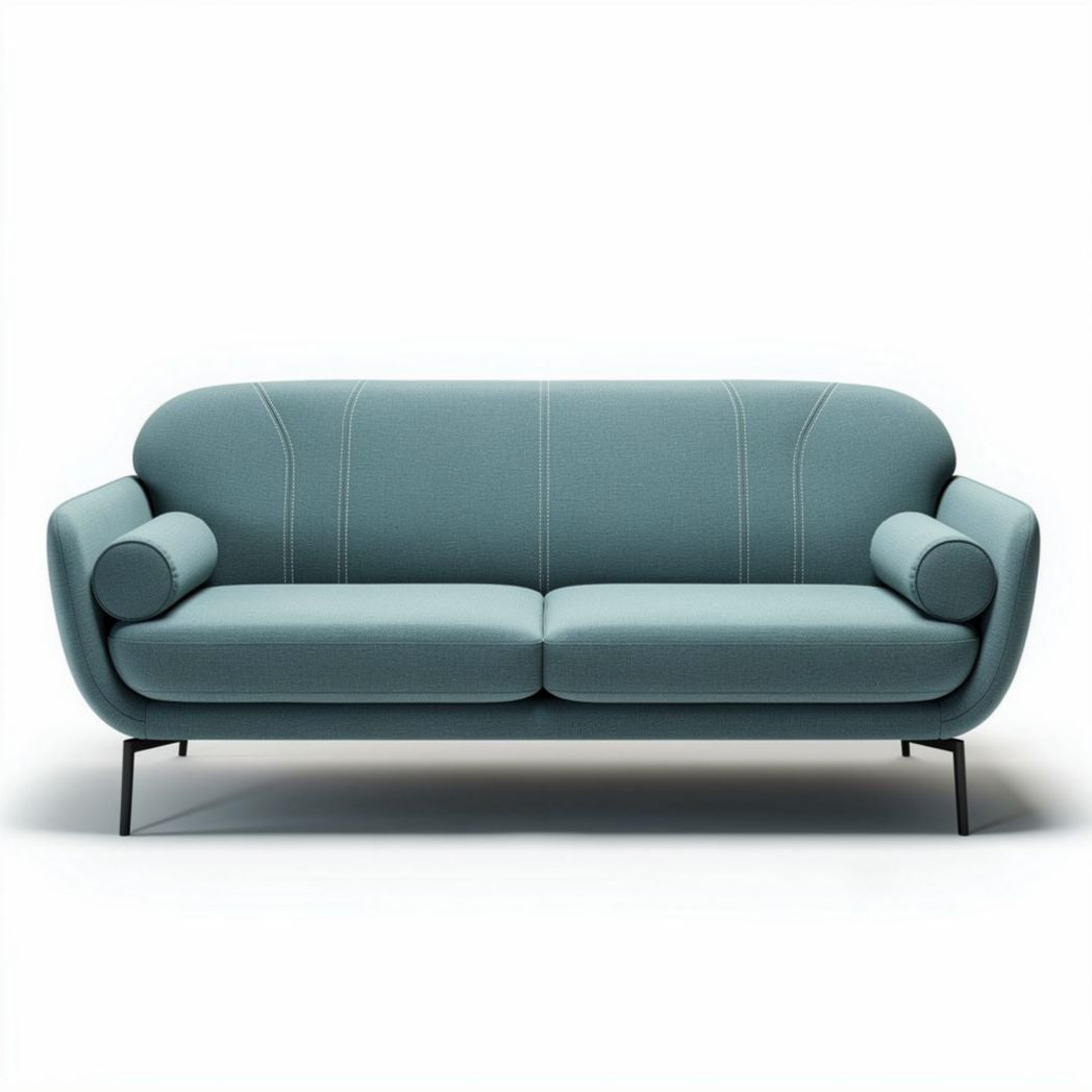 Two-seater sofa in light blue fabric with rounded armrests and minimalist design