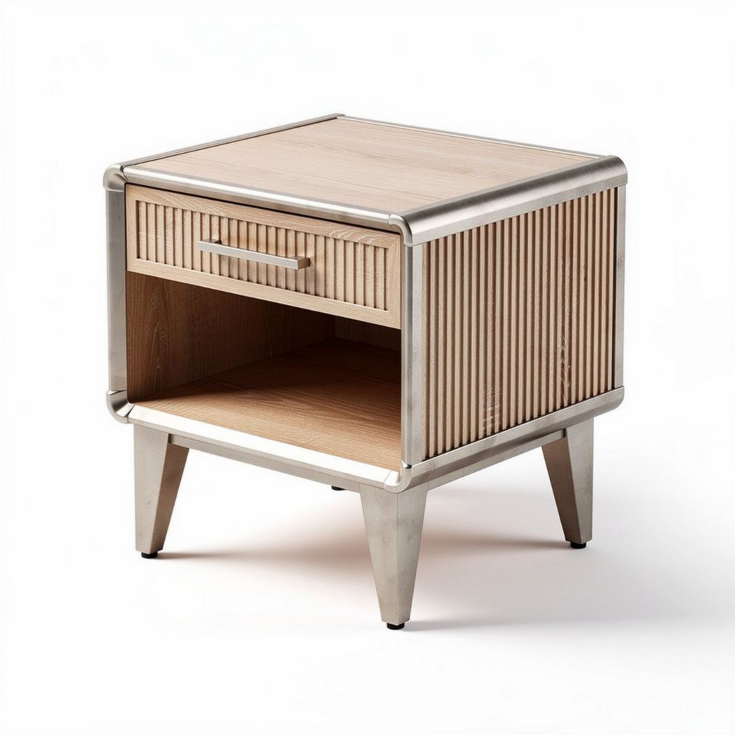Metal and wood nightstand with open shelf and drawer 45 x 40 x 50cm