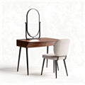 Wooden vanity table set with oval mirror and upholstered chair in brown and beige