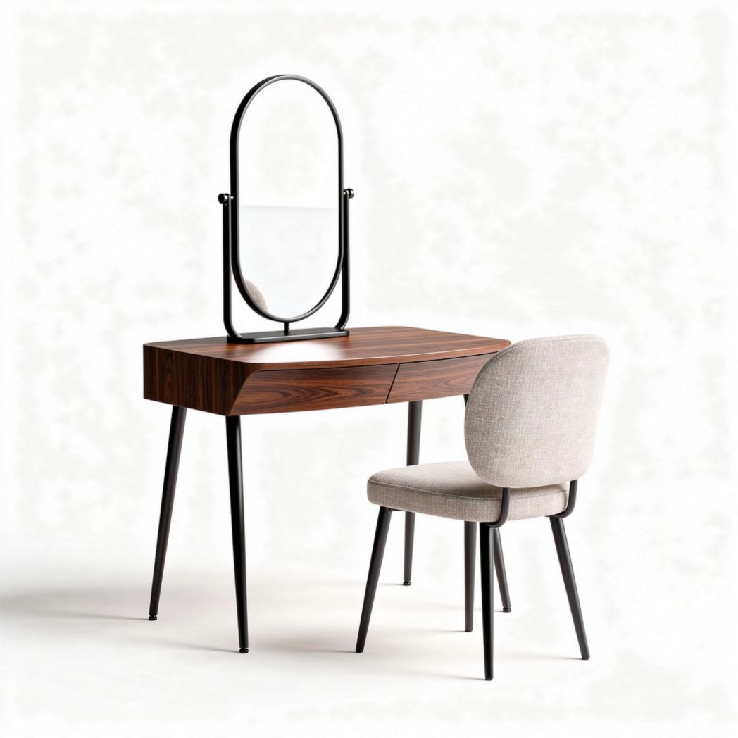 Wooden vanity table set with oval mirror and upholstered chair in brown and beige