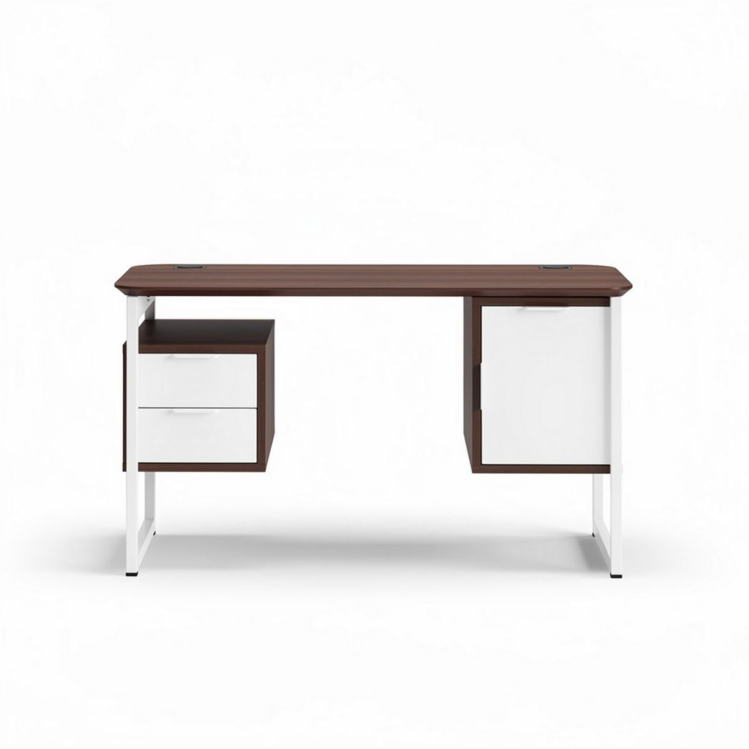 Wooden home office desk with storage drawers and white metal legs 150 x 60 x 75cm