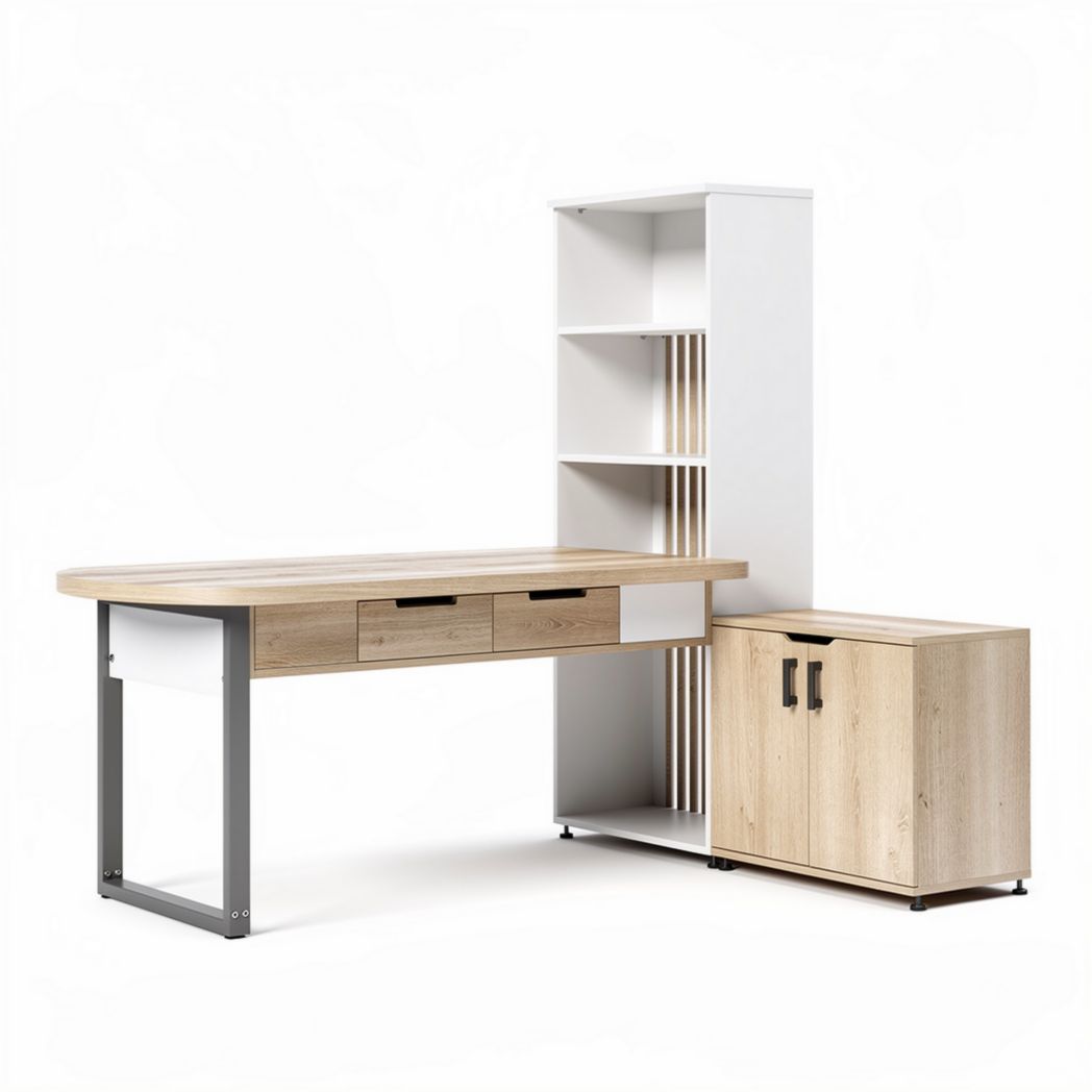Modern home office desk with storage cabinet and bookshelf in oak finish