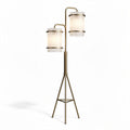 Two-light floor lamp with glass shades and metal frame in gold finish