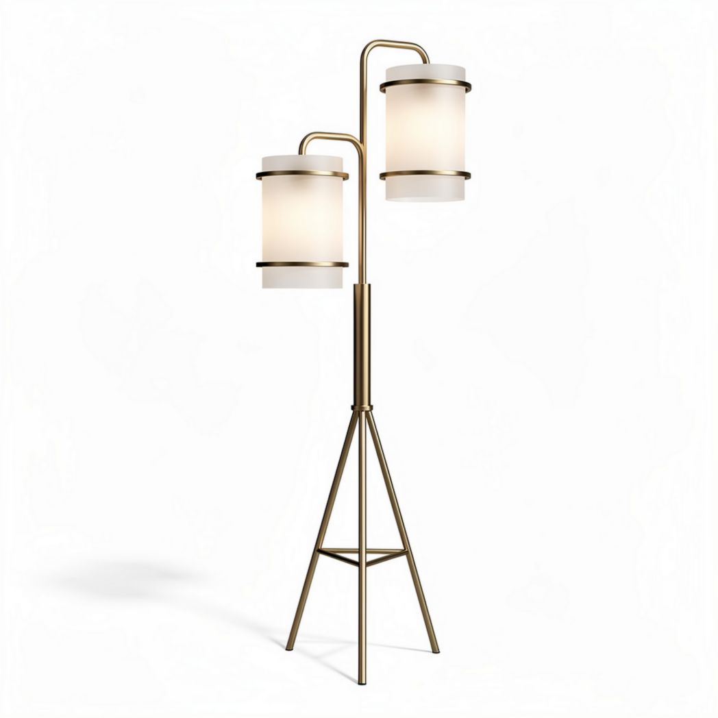 Two-light floor lamp with glass shades and metal frame in gold finish
