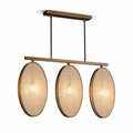 Three light pendant fixture with woven rattan shades and metal accents 45 x 15 x 20cm