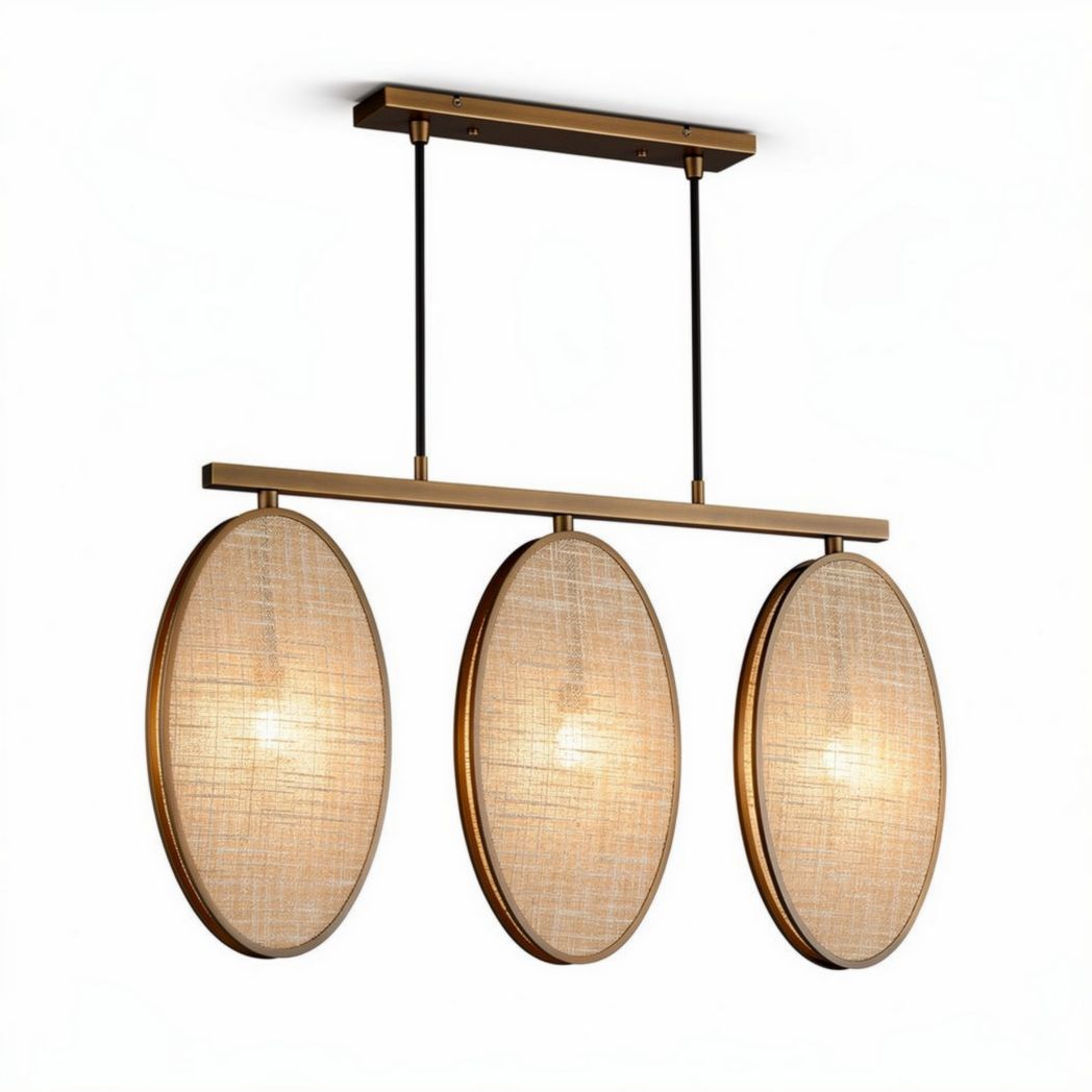 Three light pendant fixture with woven rattan shades and metal accents 45 x 15 x 20cm