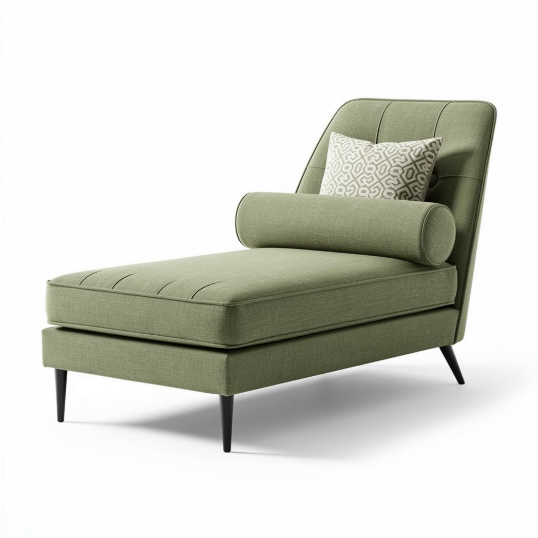 Green linen chaise lounge with removable back cushion and 100 x 80 x 80cm dimensions